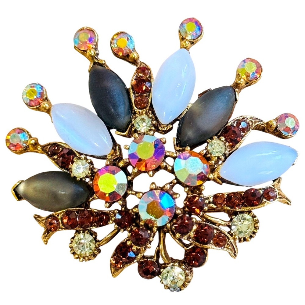 VTG Florenza brooch pin Signed gold tone Aurora Borealis rhinestone Jewels retro